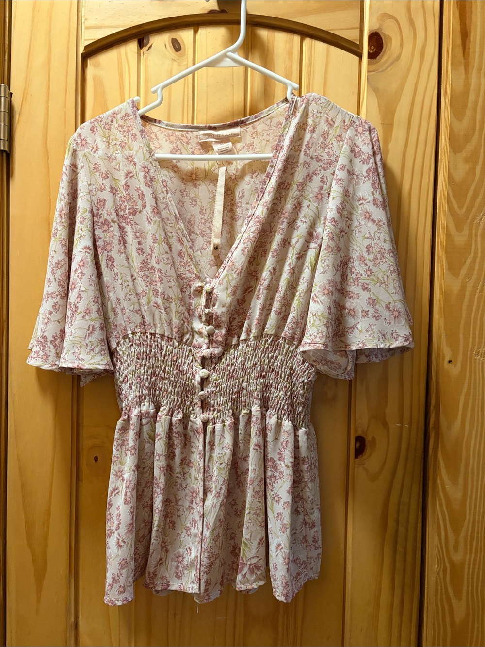 Floral V-Neck Smocked Waist Blouse - Pink Floral